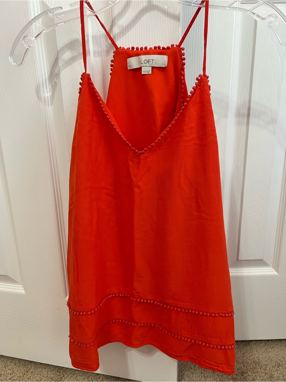 LOFT Bright Red Orange Pom-Pom Trim Spaghetti-Strap Cami XXS